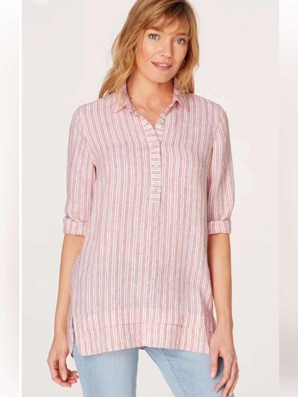 NWT J Jill Love Linen Tangerine Striped Collared Pullover Tunic Top SZ M